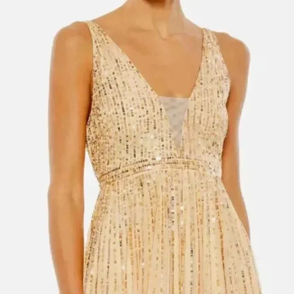 Mac Duggal Women's  10700 Illusion Plunge Neck Sequin Gown GOLD SZ 22 NWT $398 - Picture 3 of 7